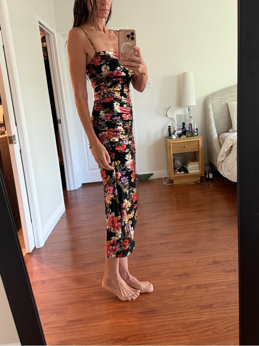Nookie Black Floral Midi Slip Dress with Pink, Red & Yellow Accents